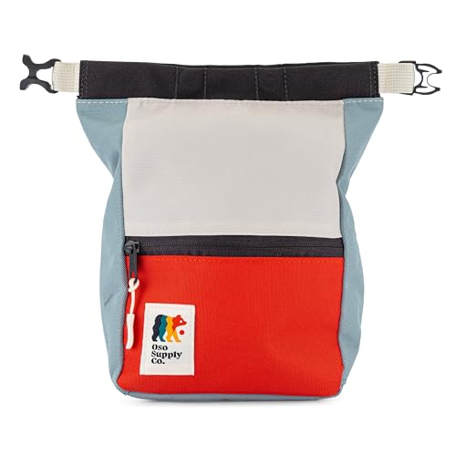 Crux Bouldering Chalk Bucket, Large Size Chalk Bag for Rock Climbing, Chalk Pot with Magnetic Closure, Zippered Pockets and Mesh Pouch for Climbers, Weightlifting, Gymnastics - color: Mineral Blue/Red/White