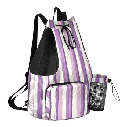 Drawstring Bags Climbing Gym Bag With Water Bottle Pocket String Bag Wet and Dry Separation Lavender Purple White Stripe Pattern Doodle Art