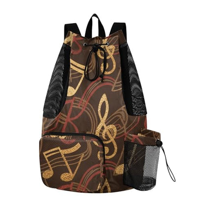 Drawstring Climbing Gym Bag With Water Bottle Pocket Mens Drawstring Bags with Wet Dry Compartments Music Red Brown