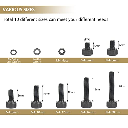 382 Pieces Black M4 x 5/6 /8/10 /12/16 /20mm Hex Socket Head Cap Screws Nuts Washers Assortment Kit, 12.9 Grade Alloy Steel - size: M4, style: Socket Head
