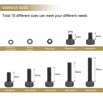 382 Pieces Black M4 x 5/6 /8/10 /12/16 /20mm Hex Socket Head Cap Screws Nuts Washers Assortment Kit, 12.9 Grade Alloy Steel - size: M4, style: Socket Head