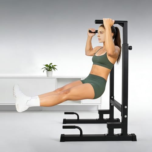 Dip Station, Adjustable Height 6-Level Multi-Function Pull Up Bar Stand | Heavy Duty Steel Dip Bars for Home Gym, Tricep Dips L-Sit Push Up Calisthenics Workout Equipment, Supports 500 LBS