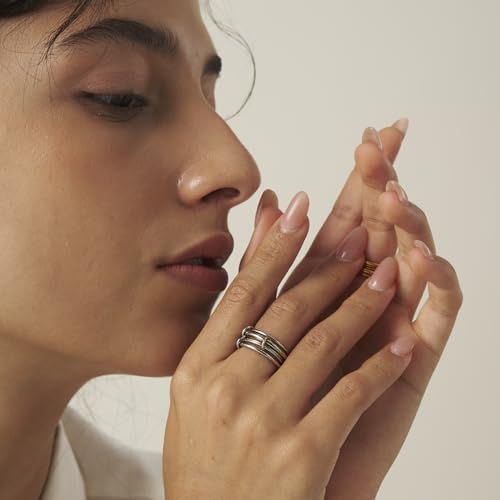 Shapes Studio Trio Linked Ring, stackable Ring, Minimalism style for women, Never Tarnish - size: 6, style: Five Band( all silver)