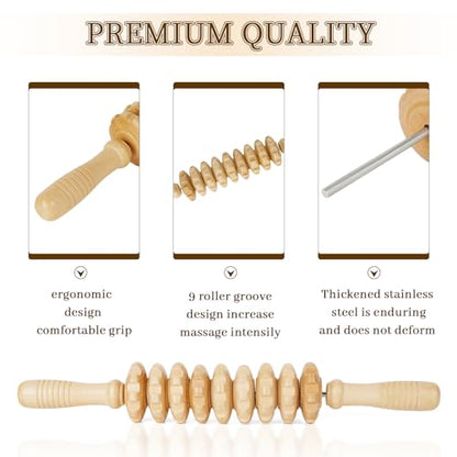 Liitrton Manual Wooden Massage Roller Stick for Legs, Smooth Body Roller | Straight-9-Wheel Massager, Wood Therapy Massage Tools for Trigger Points Relief, Sore Muscle Recovery - color: Straight-9-wheel