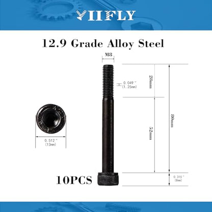 M8-1.25 x 80mm Socket Head Cap Screws, M8 Bolts, 12.9 Grade Alloy Steel, Allen Socket Drive, Black Oxide Finish, Half Thread, Quantity 10 - size: M8 x 80mm(10PCS)