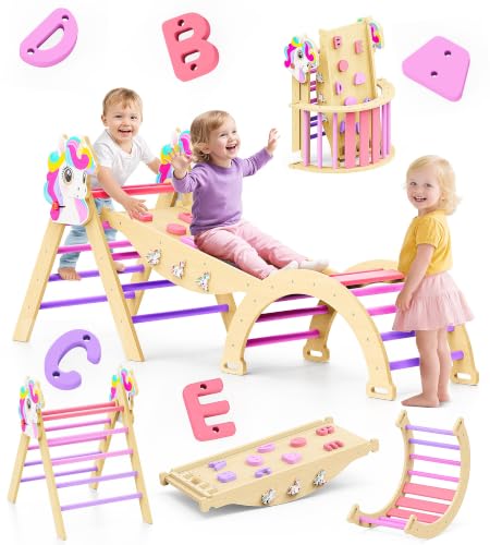 Pikler Triangle Set, 11-in-1 Montessori Climbing Toy for Toddlers, Foldable Wooden Indoor Jungle Gym & Playground Climber for Learning and Motor Skills (18 Months–7 Years) - color: Unicorn