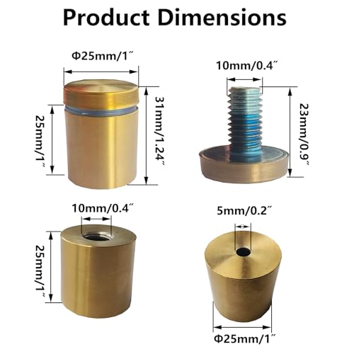 8 Pack Stainless Steel Sign Standoff Screws (1 in. Dia x 1 in. L)(Gold) | Standoff Mounting Advertising Nail Hanging Acrylic Panels Glass Artwork - color: Gold