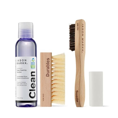 Jason Markk Suede Essentials Bundle, 4-Piece Shoe & Sneaker Care Set, 4oz Deep Cleaning Solution, Two Brushes, & Suede Stain Eraser, Safe for Leather, Nubuck, Cotton, Knits, and More