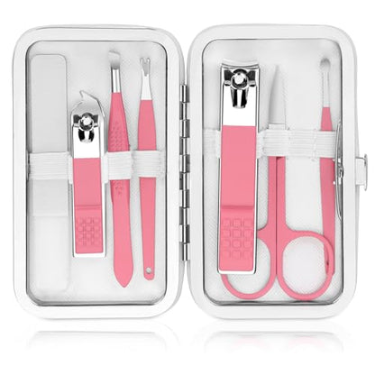 Manicure Set Women Nail Kit with Nail Clippers Eyebrow Tweezers Glass Nail File with Case Manicure Pedicure Kit Grooming Kit Personal Care Tools for Home Outdoor Travel Gift Giving Salon - color: Pink
