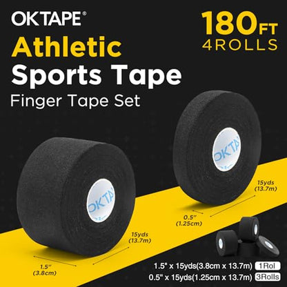 OK TAPE Athletic Tape Finger Tape 3 Rolls 1.5" x 15yds and 1 Roll 0.5in x 15yds | Strong Adhesive Hand Grip and Finger Wrap Tape for Weightlifting, Climbing, Basketball, Volleyball, Black - color: Black, size: 1.5" x 15yards-3rolls and 0.5in x 15yards-1ro