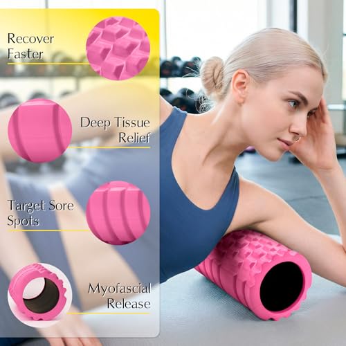 Foam Roller 13" Multi Density Fitness Exercise for Muscle Recovery | Massage Roller for Deep Tissue, Relieves Tight, Sore Muscles & Kinks, Improves Mobility & Circulation, Targets Key Body Parts - color: Pink