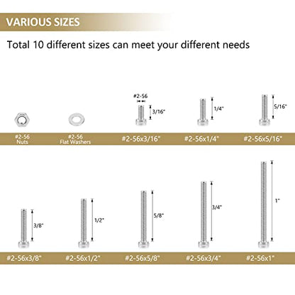 252 Pieces #2-56 x 3/16", 1/4", 5/16", 3/8", 1/2", 5/8", 3/4", 1", Hex Socket Head Cap Screws Nuts Washers Assortment Kit, 304 Stainless Steel, Fully Machine Thread - size: #2-56, style: Socket Head