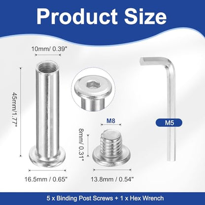 PATIKIL M8x8mm Hex Chicago Screws 10x45mm, 5Pcs 304 Stainless Steel Metric Hex Drive Socket Cap Binding Post Screw Posts for Scrapbook Leather Belt Album Furniture Repair, Silver - size: M8x8mm, 10x45mm