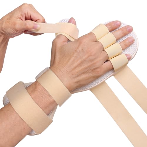 DrFinger Stroke Hand Brace Splint for Straightening Fingers with 5 Fingers Resting Support,Prevent Fingers Curling, Dupuytren's Contractures, Hand Spasms, Fit Right & Left, Men & Women - M - color: Beige, size: M