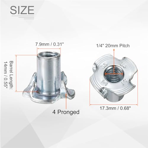 HARFINGTON 1/4x14mm T-Nuts 4 Pronged Tee Nut 0.68" x 0.55" Fully Thread Carbon Steel Inserts for Wood, Rock Climbing Holds, Cabinetry, Furniture 50pcs - size: 1/4" x 0.55" x 0.68" x 0.55"