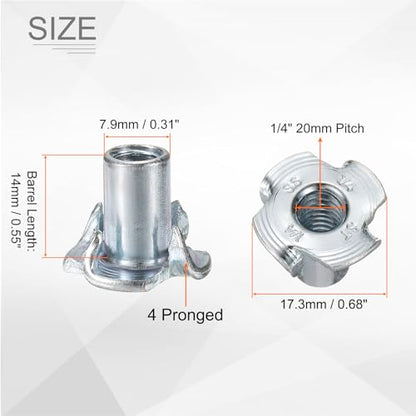 HARFINGTON 1/4x14mm T-Nuts 4 Pronged Tee Nut 0.68" x 0.55" Fully Thread Carbon Steel Inserts for Wood, Rock Climbing Holds, Cabinetry, Furniture 50pcs - size: 1/4" x 0.55" x 0.68" x 0.55"