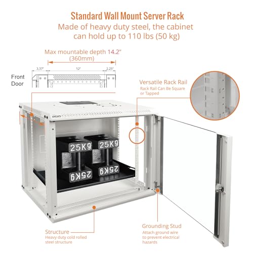 Tecmojo 9U Wall Mount Rack Network Cabinet for 19" IT Equipment,with Lockable Glass Door and Side Panels,Cooling Fan,17.7inch Depth,White,Computer/Electronics Equipment Data Rack - color: White