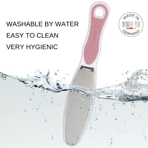 Made in Germany Double Sided Foot File Callus Remover, Stainless Steel and Emery Sides Feet Scrubber, Professional Pedicure Foot Care Tool Rasp, Long Lasting Foot Buffer, Heel Scraper, Wonder Pedi - style: Stainless Steel + Emery