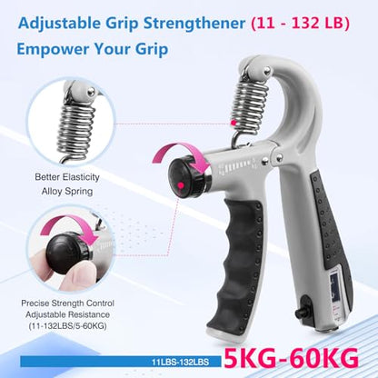 CYFIE Grip Strength Trainer Kit, Adjustable 10-132 lb, Hand Exerciser | Forearm Strengthener, Finger Stretcher, Stress Ball and Bag for Grip Recovery, Wrist Training, Rehab, Climbers and Musicians - color: Gray