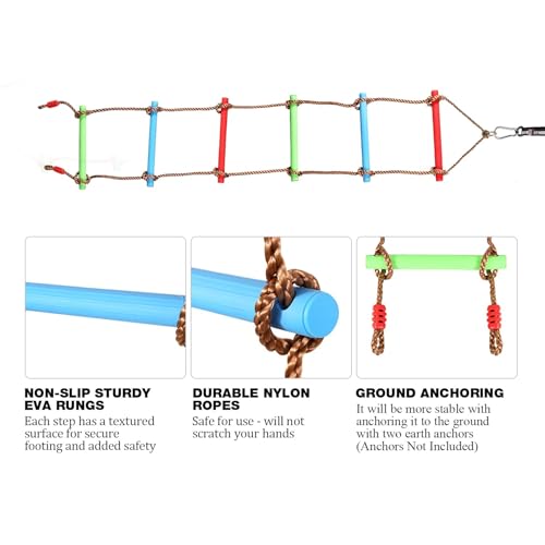 RedSwing Rope Ladder and Pro 3-in-1 Disc Swing Seat Combo, Climbing Ladders for Swingset, Hanging Rope Ladder with Strap and Snap Hook, Great for Play Set, Outdoor, Tree House, Playground - color: Light Green + Rainbow