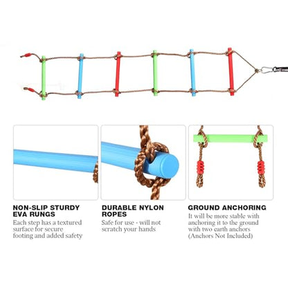 RedSwing Rope Ladder and Pro 3-in-1 Disc Swing Seat Combo, Climbing Ladders for Swingset, Hanging Rope Ladder with Strap and Snap Hook, Great for Play Set, Outdoor, Tree House, Playground - color: Light Green + Rainbow