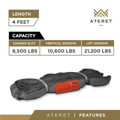 ATERET Powerlift Grey Polyester Endless Round Sling - 4 Feet Length, 10,600 lb. Vertical Capacity, 21,200 lbs Basket - Heavy Duty Poly Lifting Sling - color: 04 Grey - Vertical Capacity 10,600 lbs, size: 4FT