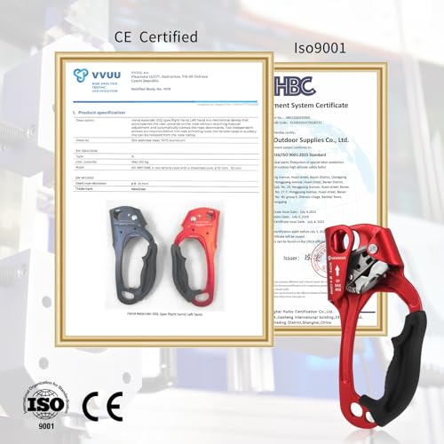 UIAA & CE Certified Hand Ascender Rock Climbing Tree Arborist Rappelling Gear Equipment Rope Clamp for 8~13MM Rope - color: Red Pro-Right