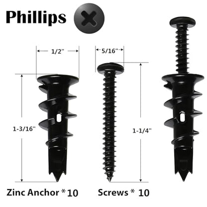 20Pcs Black Metal Self-Drilling Wall Anchors and Screws for Drywall | #8 Hollow Drywall Anchors and Screws Kit - 10 Heavy Duty Sheetrock Anchor + 10 1-1/4'' Screws for Hanging/Mounting-Upto 75lbs - size: Black Metal