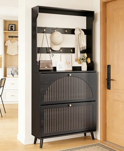 Fsbecl Shoe Cabinet for Entryway with 2 Flip Drawers & Coat Rack, Narrow Hidden Shoe Storage Cabinet with Fluted Panel, 2-in-1 Hall Tree Slim Freestanding Shoe Rack Organizer for Hallway - color: Black, size: 2 Drawers-Hook