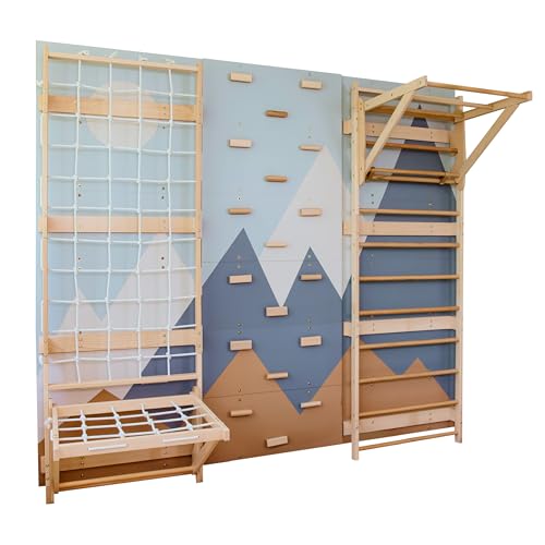 Wood And Hearts 4in1 Modular Swedish Wall Gym Set for Kids Indoor Active Play – Wooden Swedish Ladder with Adjustable Pull-Up Bar, Rope Climbing Wall & Rock Climbing Panels (Base Set + Sit-Up Bar) - style: Base Set + Sit-Up Bar