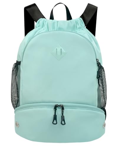 RHDZO Drawstring Backpack Gym Backpack with Shoe Compartment for Men Women String Sports Bag with Wet Pocket Cinch Swim Beach Bag, Large Mint Green - color: Large Mint Green, size: Large