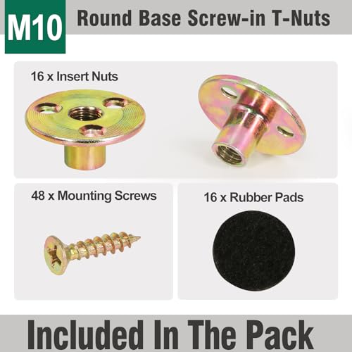 FoDau770 M10 Brad Hole T-Nut with Screws, Zinc Plated Carbon Steel 3-Hole T-Nuts, Insert Female Thread Mounting Fastener for Wood Furniture and DIY Project - 16 Set (64 Pieces) - size: M10