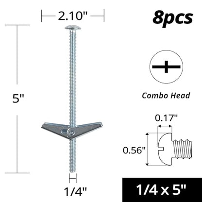 HASWARE Toggle Bolt Zinc Plated Steel and Wing Nut for Hanging Heavy Items on Drywall 1/4x5 (8 Pack) - size: 1/4x5" (8 Pack)