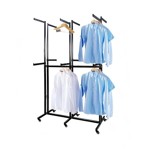 Floor Standing Metal Garment Rack - Heavy Retail Display Racks With Wheels | Two-story 12 Arms Clothing Rack, Square Tubing Portable Shirt Rack, Merchandise Display RackFor Hanging Clothes (Black-2) - color: Black-2