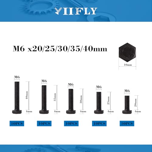 M6-1.0 Hex Head Screw Bolts - 20/25/30/35/40mm Length Kit, 12.9 Grade Alloy Steel, Hexagon Head Bolts, Black Oxide Finish, Full Thread,Quantity 50-Piece Set - size: 12.9-Hex-M6-20-40mm