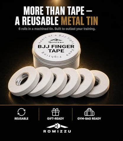 BJJ Finger Tape with Metal Storage Tin – 6 Rolls 26ft x 0.3in | Jiu Jitsu Grappling Tape | Strong Finger Support | Breathable Cotton | Residue-Free | MMA Wrestling Rock Climbing - color: White