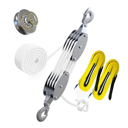 YATOINTO Upgraded Rope Pulley Hoist 4400 LB, 8:1 Pulley Block and Tackle System, Pulley Block 2200LB Loading Capacity, 65ft Heavy Duty Rope Hoist for Hunting Garage Warehouse (with 2PCs Straps) - size: 4 Pulley+2 straps
