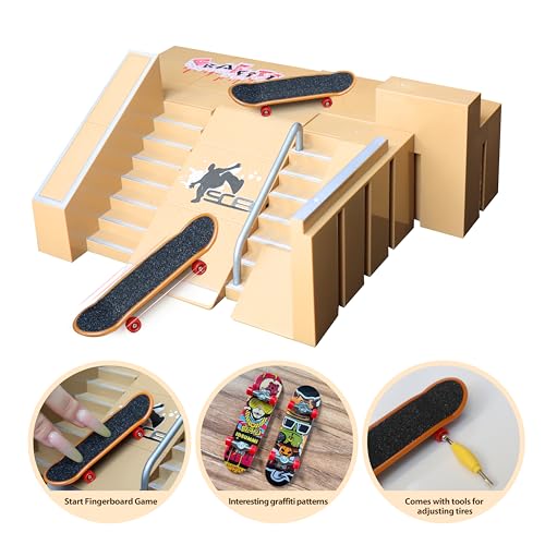 Fingerboard Skate Park Kit with 8 Skatepark Deck Ramp & 2 Mini Fingerboards | Skatepark Deck Ramp for Boys or Girls Gift，DIY Finger Skateboard Ramp Set for Kids Ages 5+