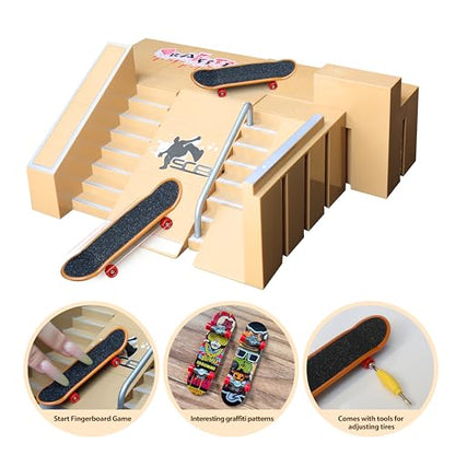 Fingerboard Skate Park Kit with 8 Skatepark Deck Ramp & 2 Mini Fingerboards | Skatepark Deck Ramp for Boys or Girls Gift，DIY Finger Skateboard Ramp Set for Kids Ages 5+