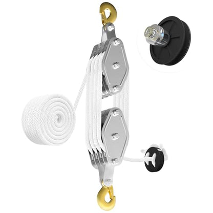 YATOINTO Rope Pulley Hoist with Metal Bearing 4400 LB, 8:1 Pulley Block and Tackle System, Pulley Block 2200LB Loading Capacity, 65ft Heavy Duty Rope Hoist for Hunting Garage Warehouse Constructions - color: White, size: UPGRADED-4wheels
