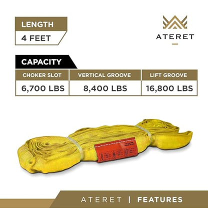 ATERET Powerlift Yellow Polyester Endless Round Sling - 4 Feet Length, 8,400 lb. Vertical Capacity, 16,800 lbs Basket - Heavy Duty Poly Lifting Sling - color: 03 Yellow - Vertical Capacity 8,400 lbs, size: 4FT