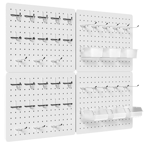 Metal Pegboard Wall Organizer, 4 Pack 16 x 12 in White Panels with Hooks | 36 hooks, 6 clear bins, 30 peg locks, modular tool and small parts storage for garage, workshop, office, and craft room - color: White, size: 16"x12"- 4 Pcs