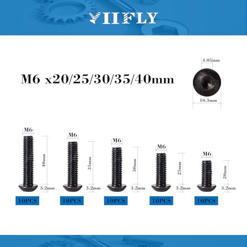 M6-1.0 Button Head Socket Cap Bolts Screws - 20/25/30/35/40mm Length Kit, 10.9 Grade Alloy Steel, Allen Drive, Black Oxide Finish, Full Thread,50-Piece Set - size: 12.9-Button-M6-20-40mm