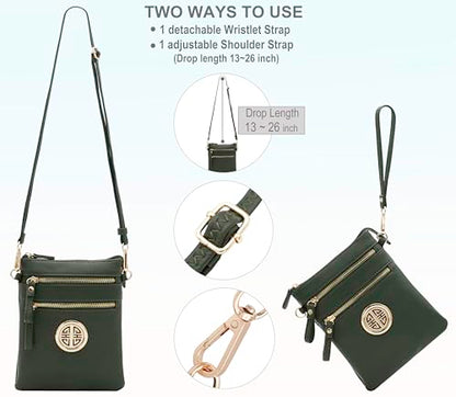 Solene Small Multi Zipper Pockets Crossbody Bag with Detachable Wristlet - color: Olive