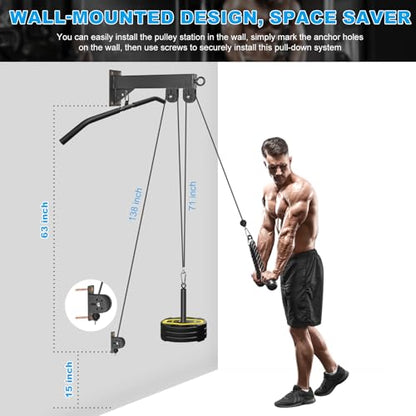Wall Mounted Pulley System, Low Cable Machine Pulley System for LAT Pulldown, Biceps Curl Home Gym Equipment with Fitness Pull Down Bar, Tricep Rope - style: Wall Mounted Pulley System