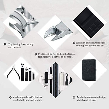 Professional Stainless Steel Nail Clipper Travel & Grooming Kit Nail Tools Manicure & Pedicure Set of 18pcs with Luxurious Case (Black/White) - color: Black/White