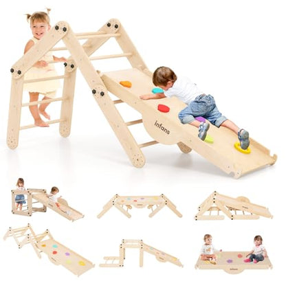 INFANS 12 in 1 Climbing Toys for Toddlers, Upgrade Wooden Montessori Foldable Triangle Climber Set with Reversible Ramp Slide Ladder Seesaw, Indoor Pikler Climb Activity Jungle for Kids Age 3+ - style: 12 in 1