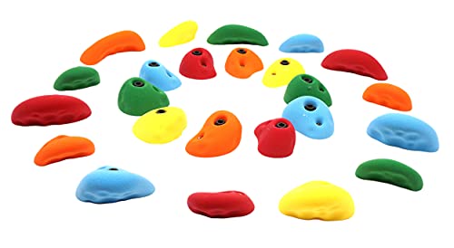 Atomik Rock Climbing Holds Set of 24 Golfus Style Tennis Shoe Friendly Footholds and Jugs with Indoor Rated Hardware in Assorted Bright Tones