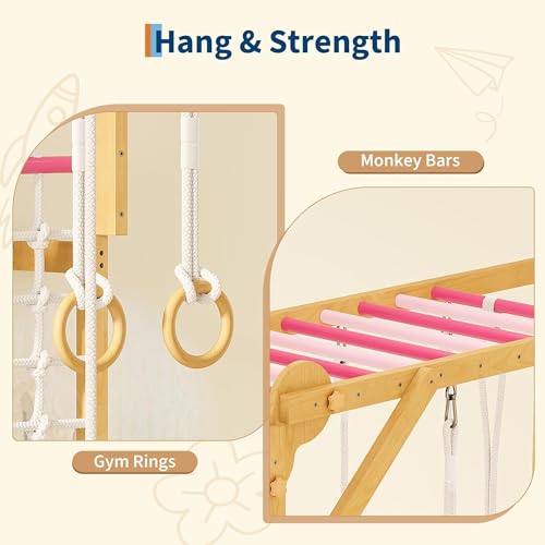 PeakPursuit 8-in-1 Indoor Jungle Gym for Kids Ages 3-10 – Wooden Climbing Structure with Slide, Swing, Monkey Bars, Gymnastic Rings, Climbing Rope – Indoor Playground Toy – Natural Wood Color