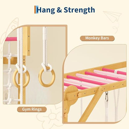 PeakPursuit 8-in-1 Indoor Jungle Gym for Kids Ages 3-10 – Wooden Climbing Structure with Slide, Swing, Monkey Bars, Gymnastic Rings, Climbing Rope – Indoor Playground Toy – Natural Wood Color